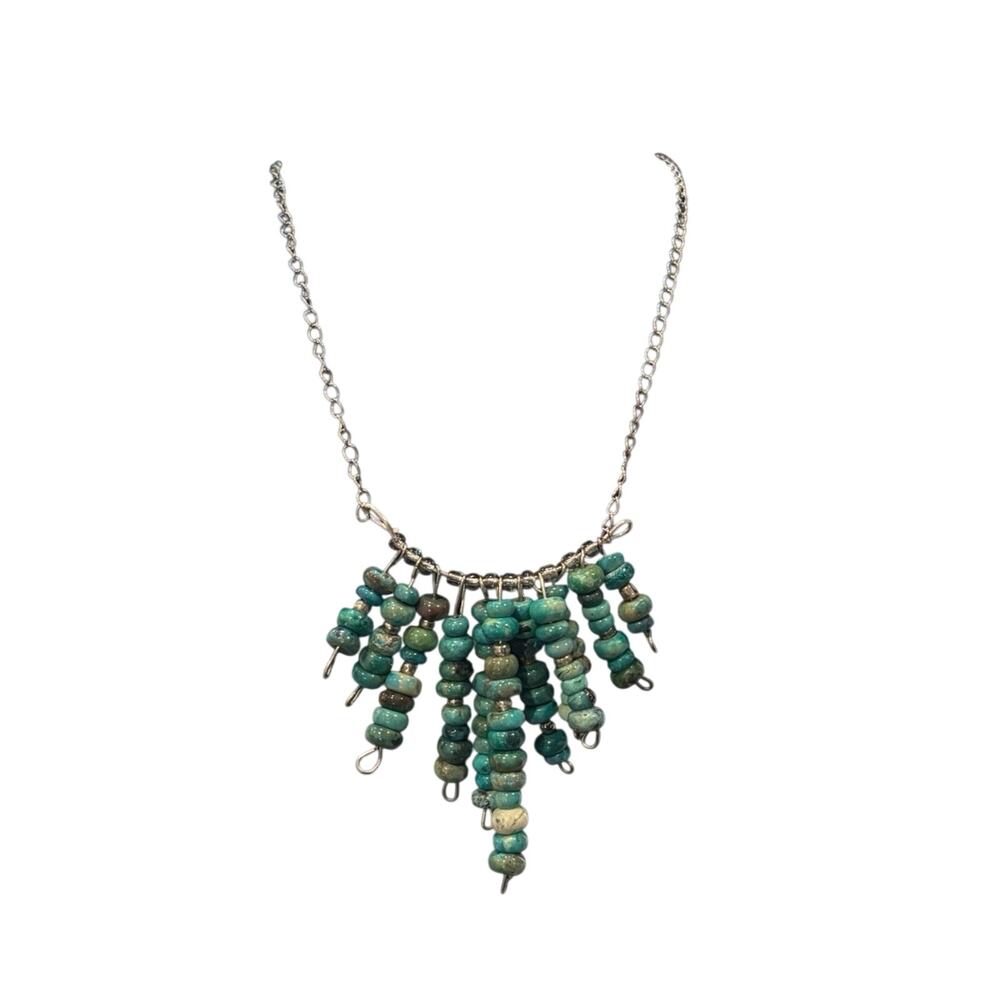 925 Sterling Silver Genuine Turquoise Beaded Bib Statement Necklace Adjustable